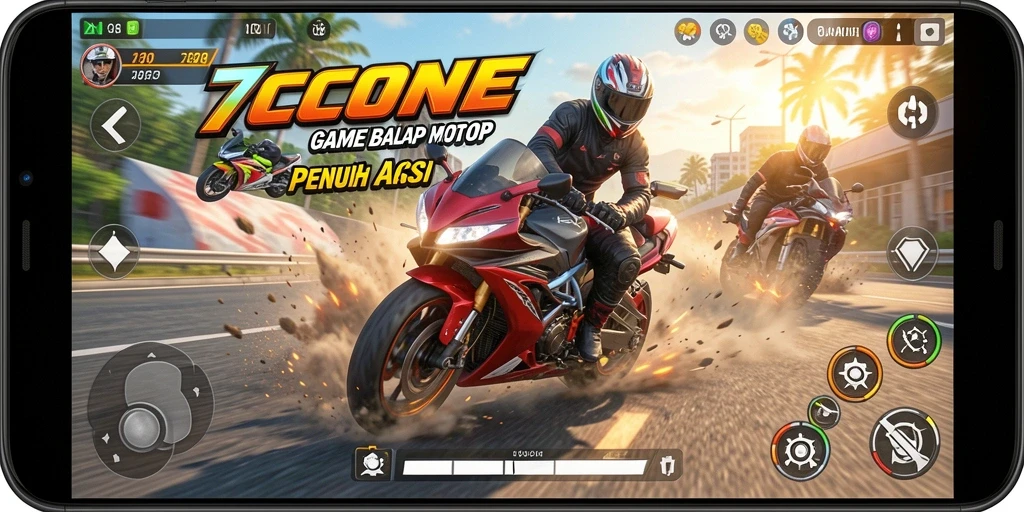 Screenshot utama 7CONE menampilkan aksi balapan motor yang mendebarkan.