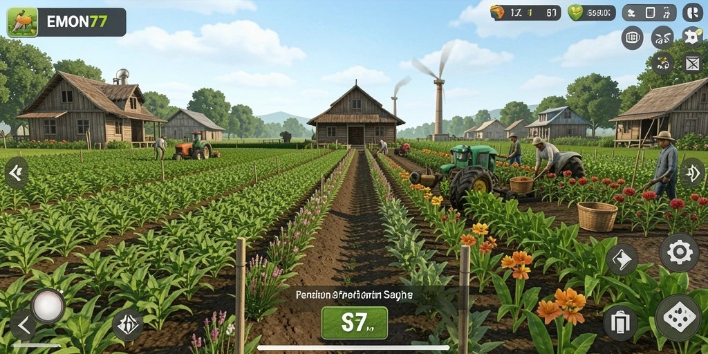 Tampilan gameplay <strong>EMON77</strong> yang menggambarkan aktivitas pertanian yang seru.