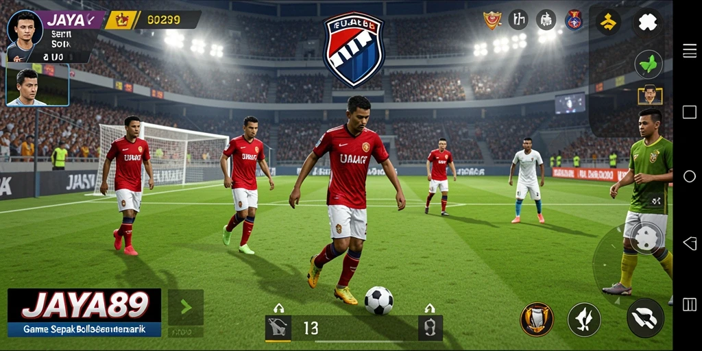 Tampilan gameplay JAYA89 dengan aksi dramatis di lapangan sepak bola.