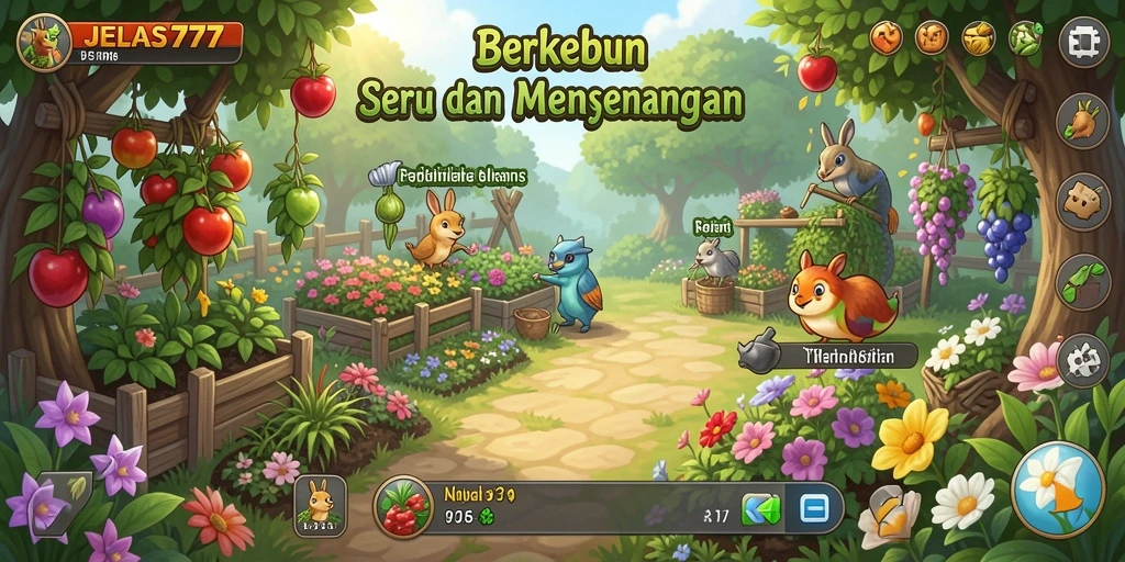 Screenshot utama JELAS777 menampilkan suasana kebun yang rimbun dan tanaman subur.
