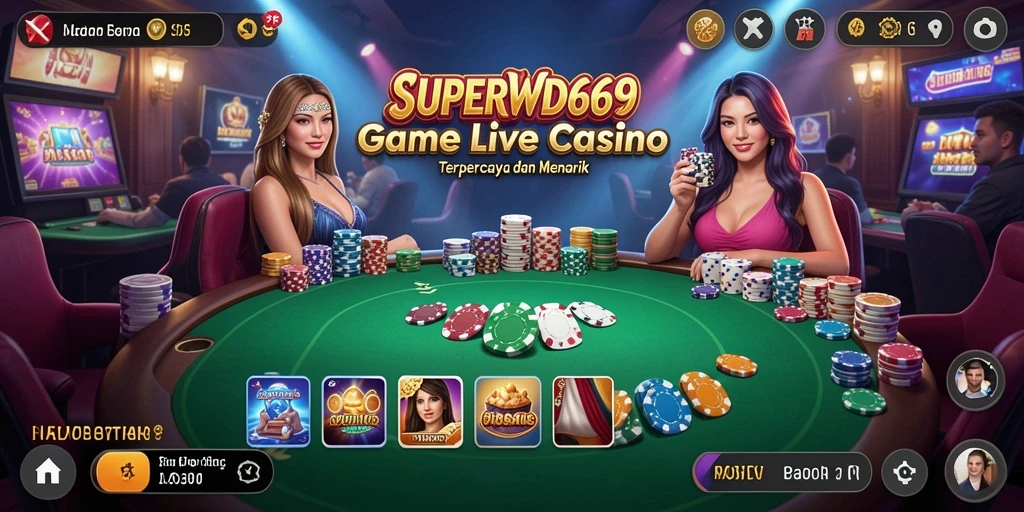 Screenshot gameplay SUPERWD666 menampilkan dealer langsung dan suasana kasino yang mendebarkan.