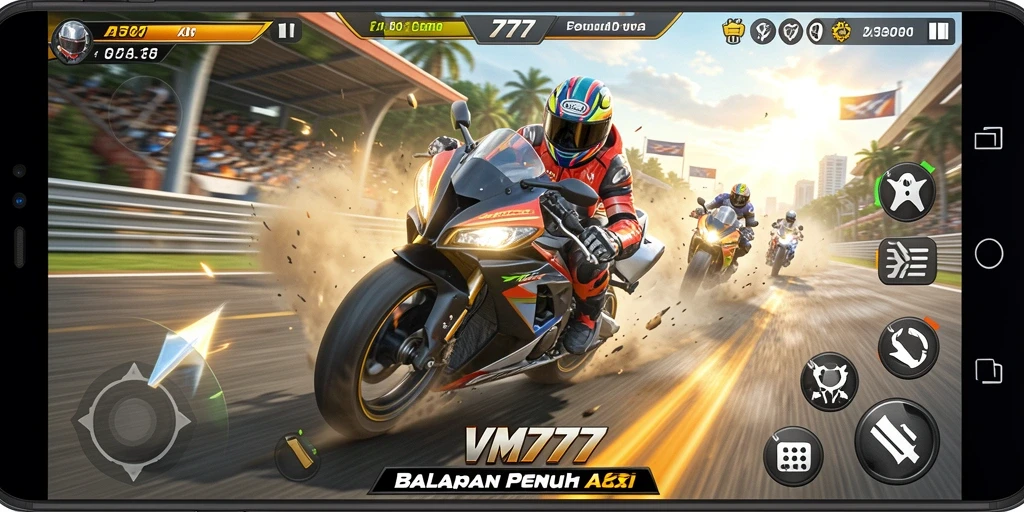 Tampilan gameplay VM777 yang seru dan mendebarkan saat balapan motor.