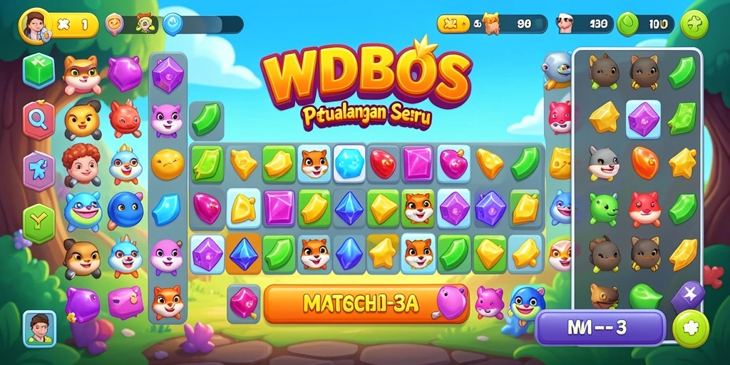 Screenshot WDBOS menampilkan gameplay Match-3 yang seru dan berwarna.